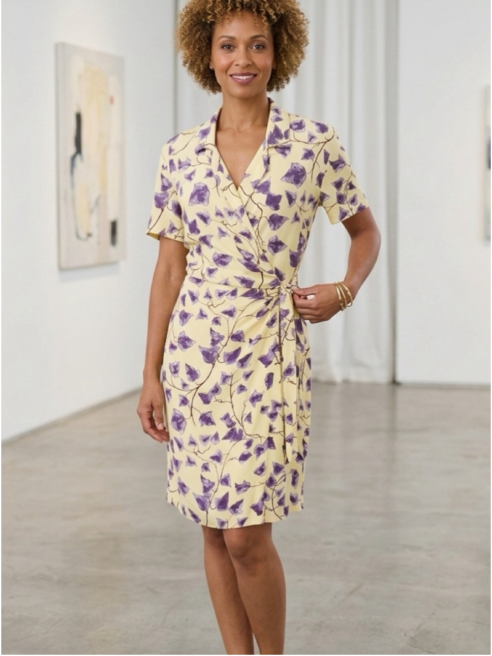 Women's Mark Edwards Midi Wrap Dress Size M Yellow Purple Floral 2029